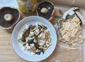 Pasta with Mushroom, Camel Milk Persian Feta in Burnt Butter Sage Sauce - Summer Land Camels
