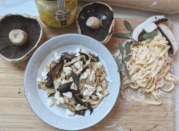 Pasta with Mushroom, Camel Milk Persian Feta in Burnt Butter Sage Sauce - Summer Land Camels