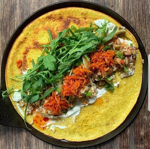 Savoury Turmeric Pancake with Fromage Blanc and Roasted Veggies - Summer Land Camels